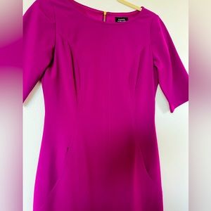 Structured fuchsia Tahari pencil dress with pockets and gold zip